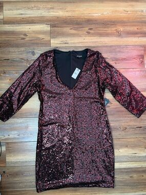 Express Sequin Dress Womens 12 Red Black V Neck 3/4 Sleeve Holiday Party NWT $98